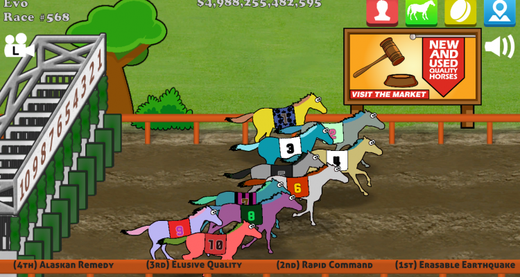 Hooves of Fire Evo Race screen showing ten horses racing with market billboard and race results.