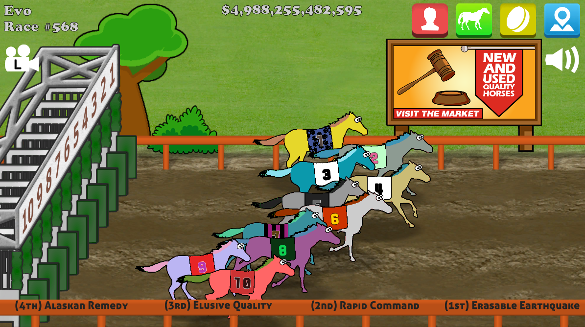 Hooves of Fire Evo Race screen showing ten horses racing with market billboard and race results.